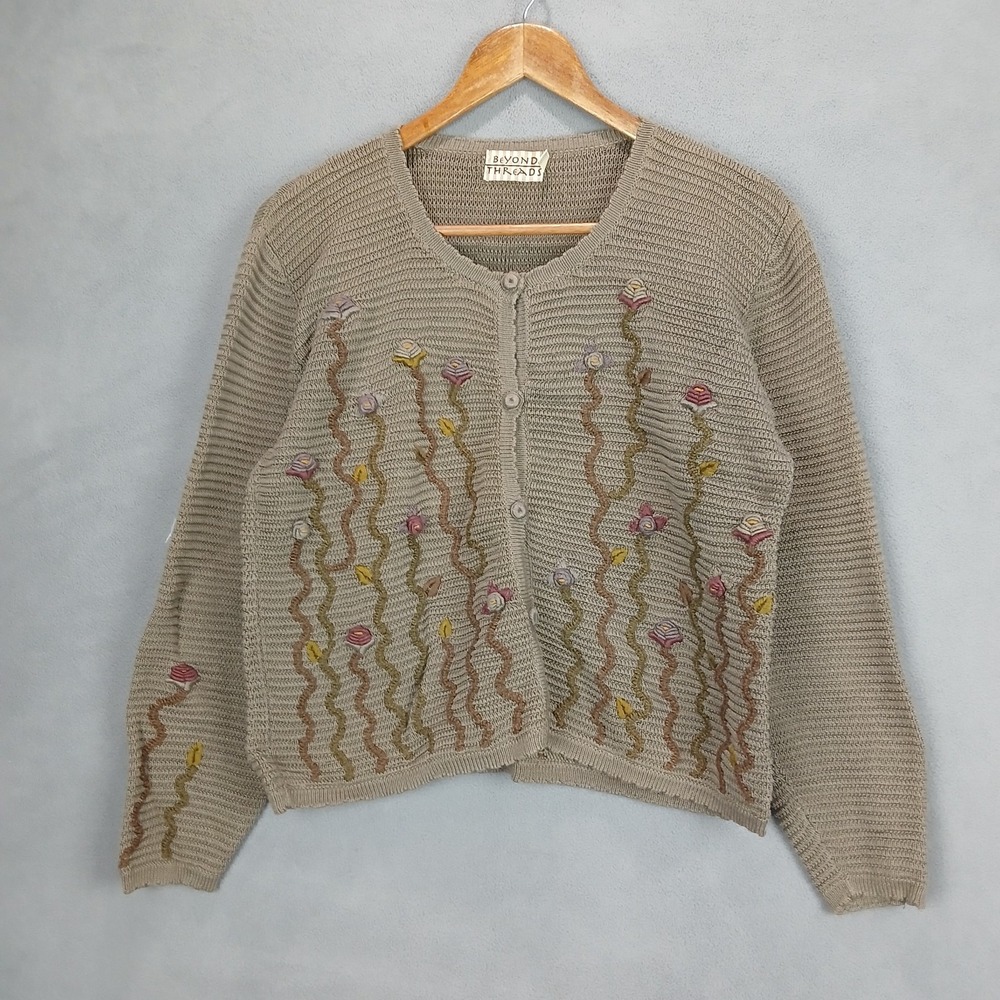 Beyond Threads Cardigan Sweater Women M Brown Floral Chunky Pima Vine Embroidery
